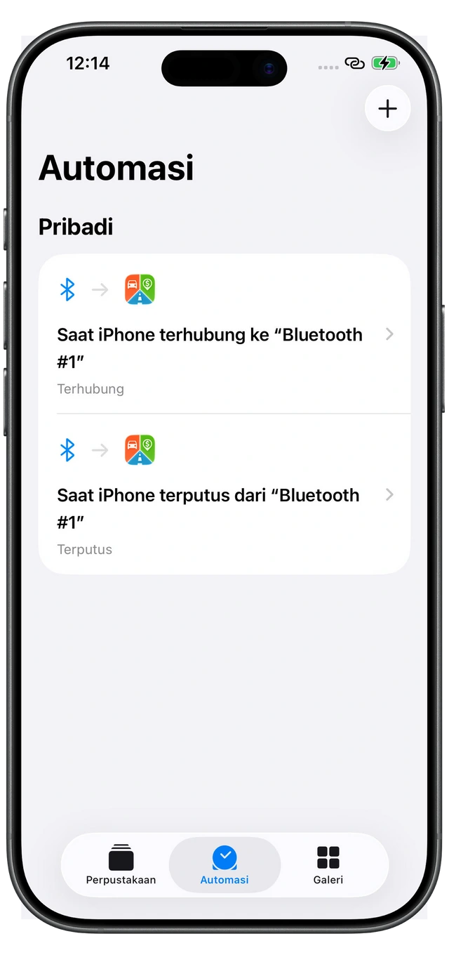 Dua automasi Pintasan Apple untuk Motolog: Terhubung saat Bluetooth mobil tersambung dan Terputus saat koneksi berakhir.