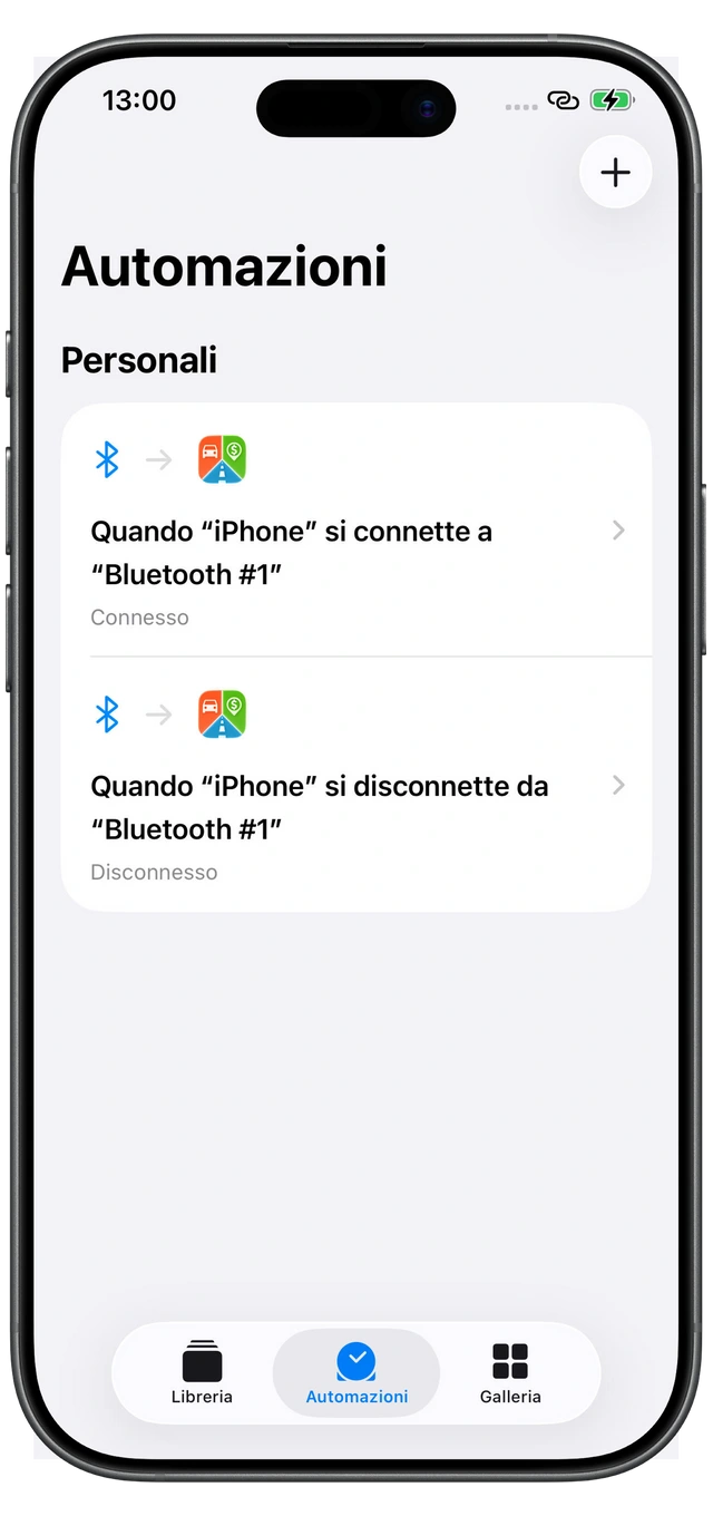 Due automazioni di Comandi Rapidi di Apple per Motolog: Connesso alla connessione Bluetooth dell’auto e Disconnesso alla disconnessione.