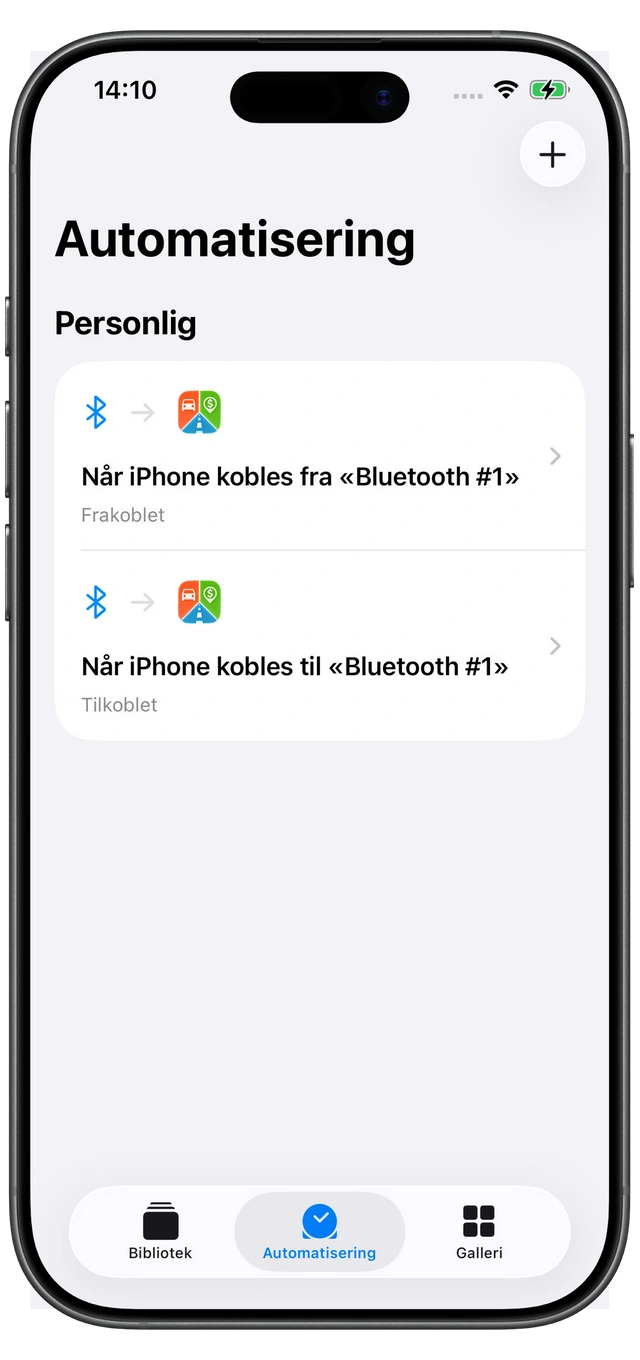 To Apple Snarveier-automatiseringer for Motolog: Tilkoblet ved Bluetooth-tilkobling og Frakoblet når forbindelsen brytes.