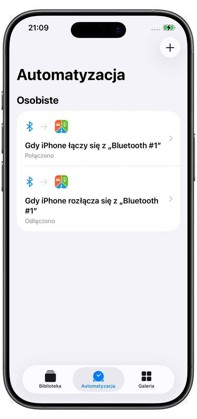 Dwie automatyzacje Skrótów Apple dla Motolog: Połączono po połączeniu z Bluetooth samochodu i Odłączono po rozłączeniu.