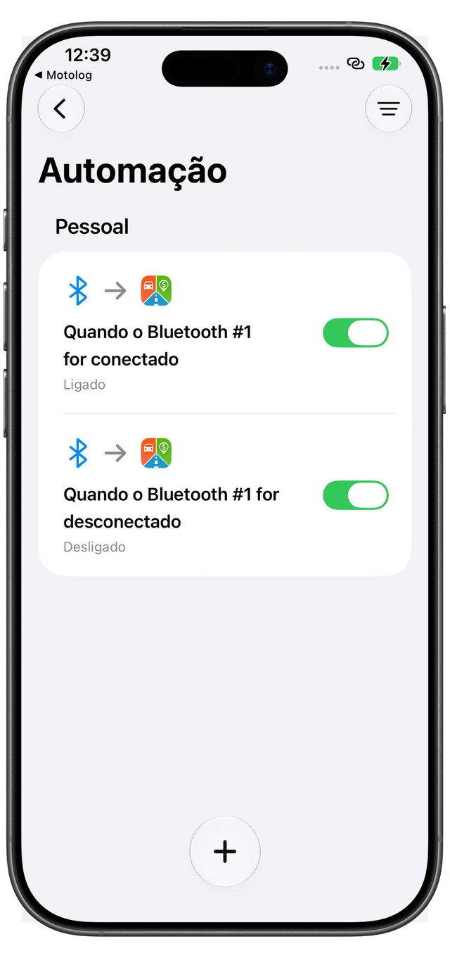 Duas automações do Atalhos da Apple para o Motolog: Ligado ao conectar ao Bluetooth do carro e Desligado ao desconectar.