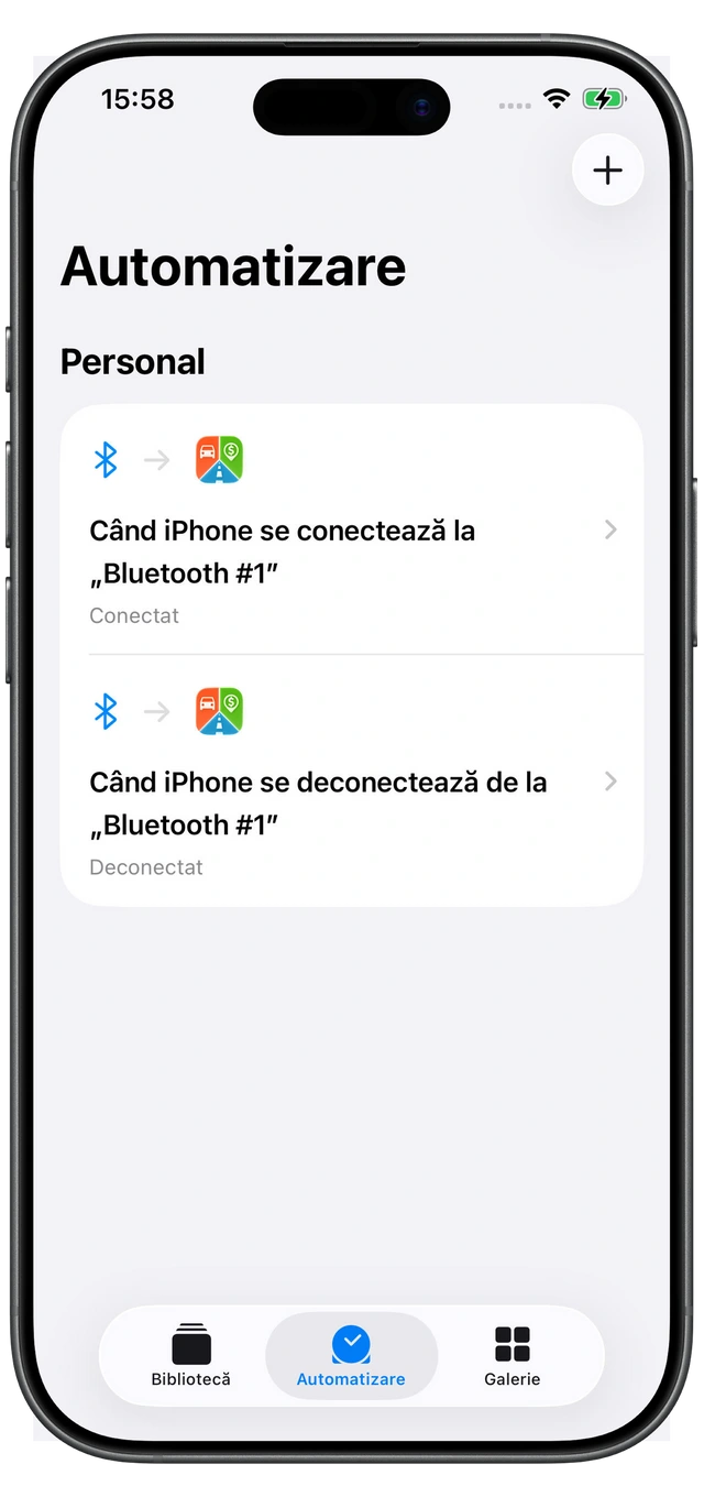Două automatizări Apple Scurtături pentru Motolog: Conectat la conectarea Bluetooth a mașinii și Deconectat la întreruperea conexiunii.
