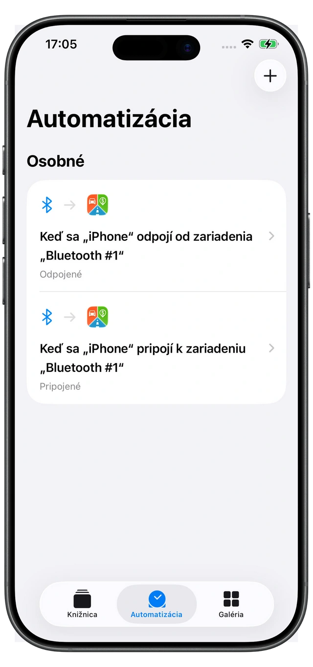 Dve automatizácie Skratiek od Apple pre Motolog: Pripojené pri pripojení Bluetooth auta a Odpojené pri jeho odpojení.