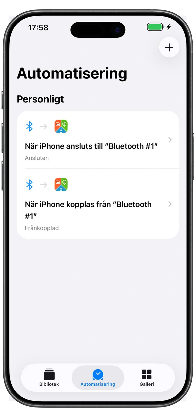 Två automatiseringar i Apple Genvägar för Motolog: Ansluten vid bilens Bluetooth-anslutning och Frånkopplad när anslutningen bryts.