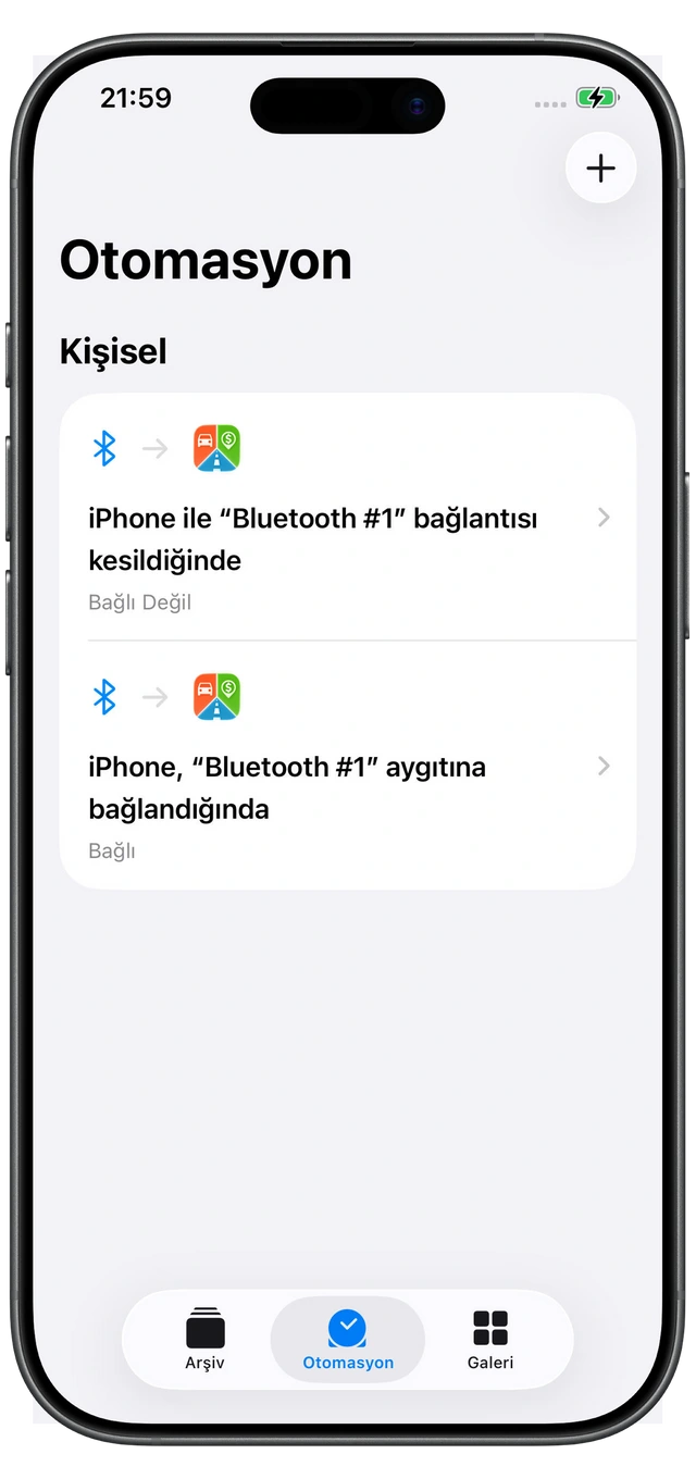 Motolog için iki Apple Kestirmeler otomasyonu: araç Bluetooth’una bağlanma ve bağlantının kesilmesi.