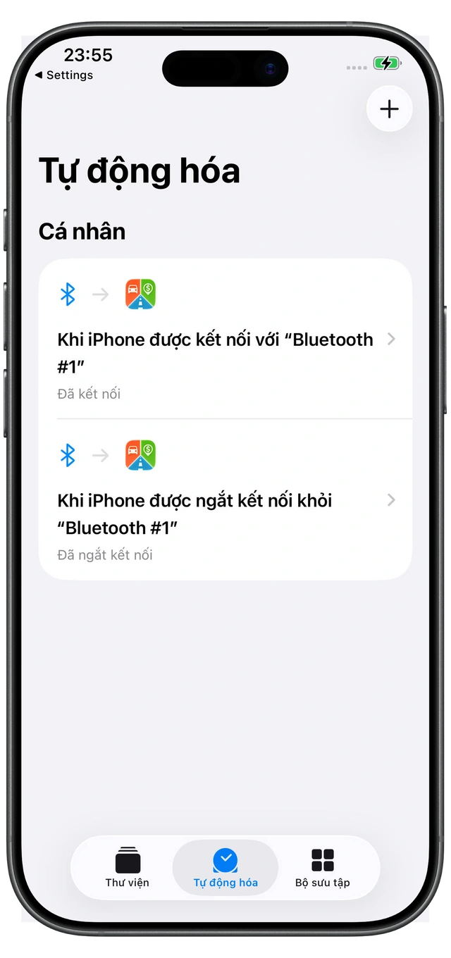Hai mục tự động hóa Phím tắt Apple cho Motolog: Đã kết nối khi Bluetooth xe kết nối và Đã ngắt kết nối khi kết nối kết thúc.