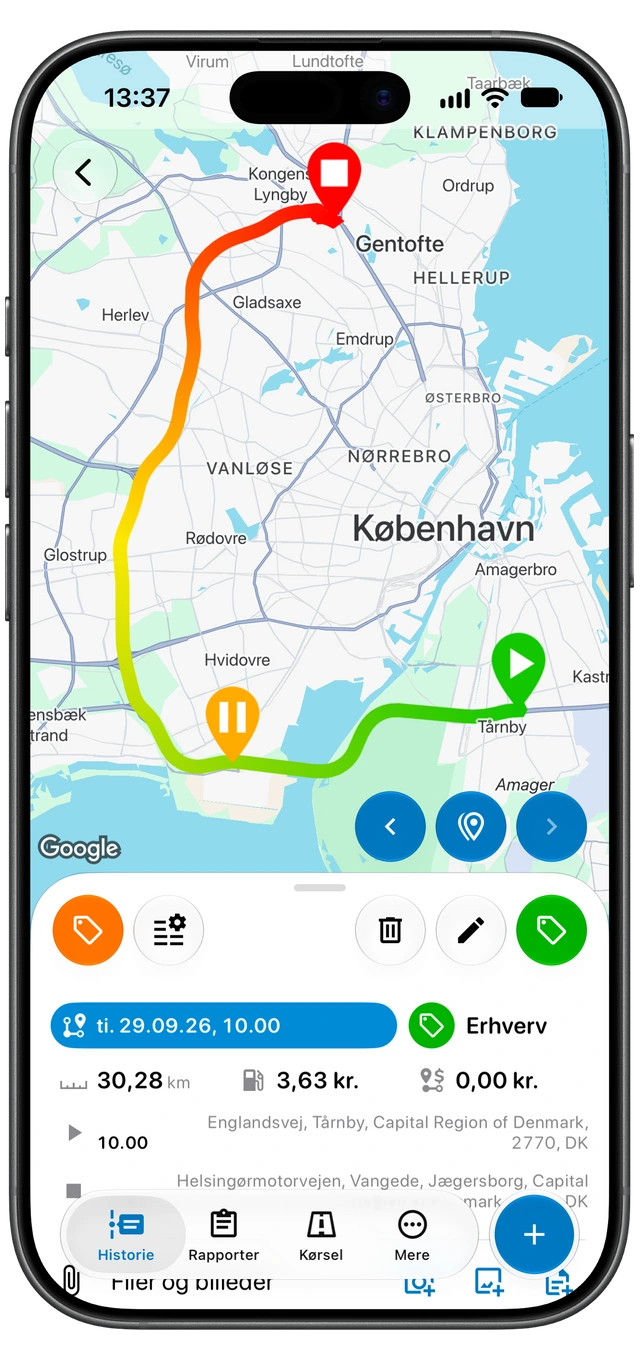 En registreret Motolog-tur med rutekort, mærkaten Erhverv, afstand, varighed og start- og slutsted. (iOS)
