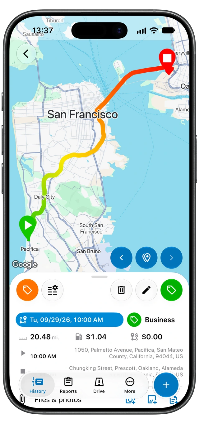 A recorded Motolog trip showing its route map, Business tag, distance, duration, and start and end locations. (iOS)