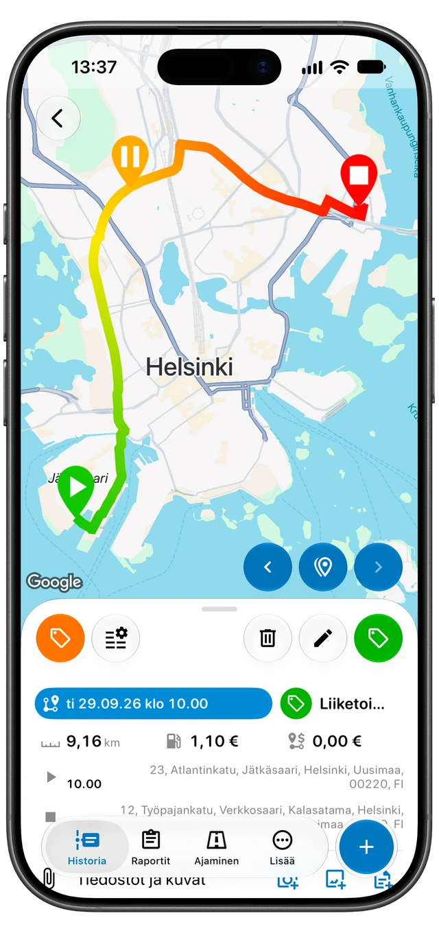 Tallennettu Motolog-matka: reittikartta, Liiketoiminta-tunniste, etäisyys, kesto sekä alku- ja päättymispaikka. (iOS)