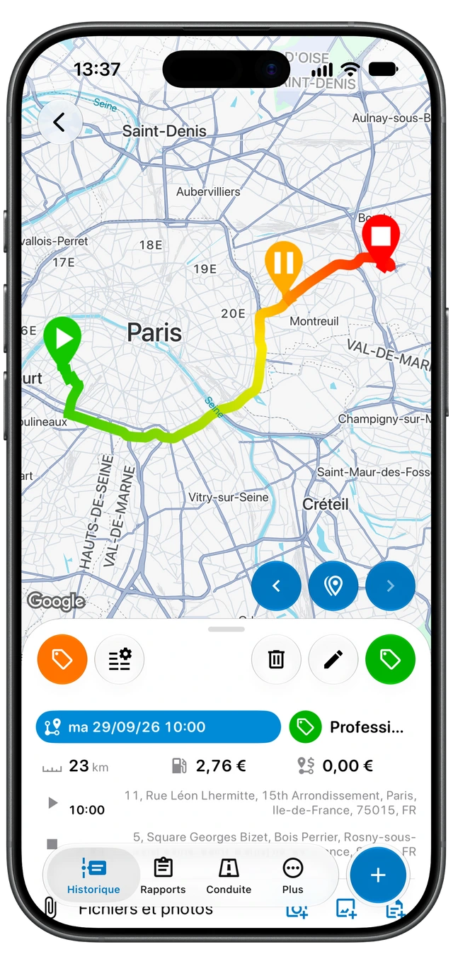 Un trajet enregistré dans Motolog, avec sa carte d’itinéraire, l’étiquette Professionnel, la distance, la durée et les lieux de départ et d’arrivée. (iOS)