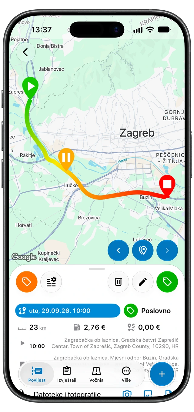 Zabilježena vožnja u Motologu s kartom rute, oznakom Poslovno, udaljenošću, trajanjem te početnom i završnom lokacijom. (iOS)