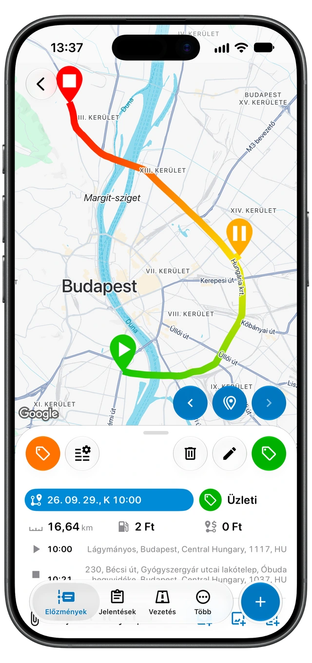Egy rögzített Motolog-út, útvonaltérképpel, Üzleti címkével, távolsággal, időtartammal, valamint kezdő- és végponttal. (iOS)