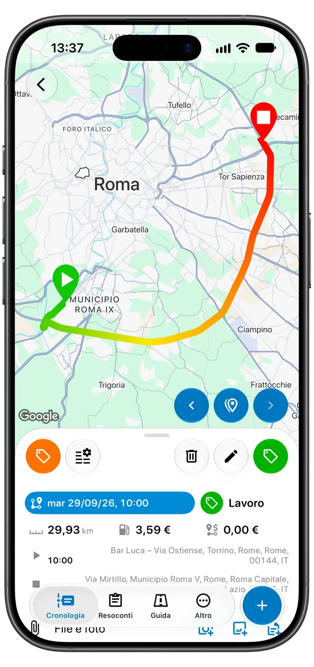 Un viaggio registrato in Motolog con la mappa del percorso, il tag Lavoro, la distanza, la durata e i luoghi di partenza e arrivo. (iOS)