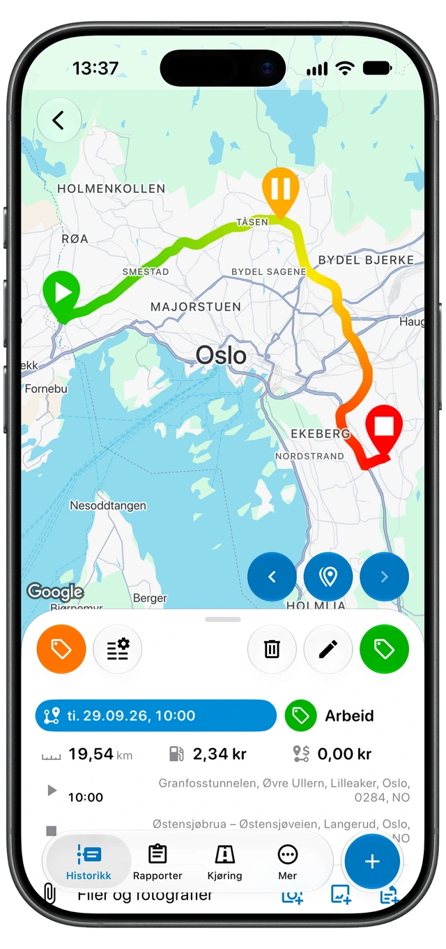En registrert Motolog-tur med rutekart, etiketten Arbeid, avstand, varighet og start- og sluttsted. (iOS)