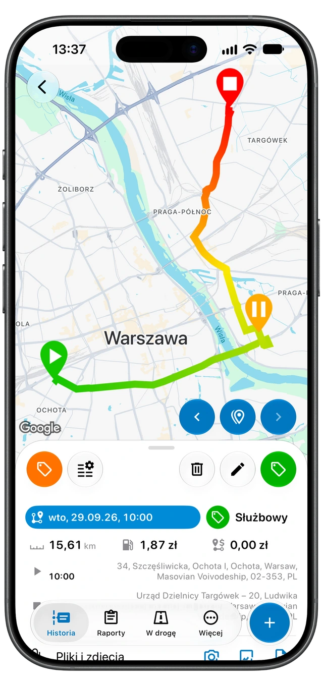 Zapisany przejazd w Motolog z mapą trasy, tagiem Służbowy, odległością, czasem trwania oraz miejscami rozpoczęcia i zakończenia. (iOS)