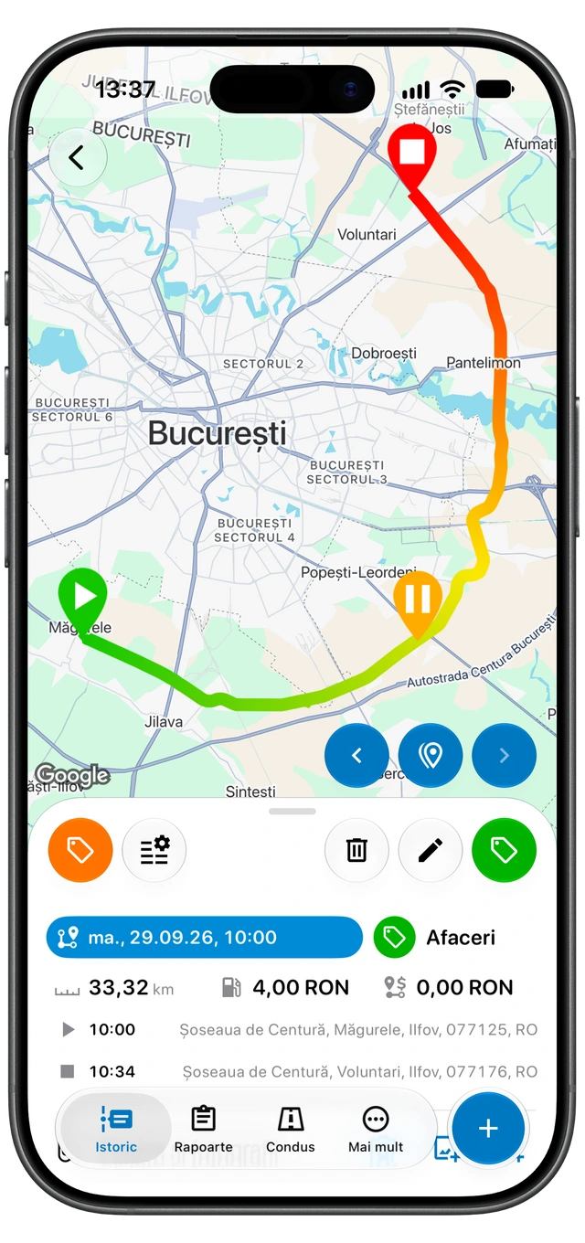 O călătorie înregistrată în Motolog, cu harta traseului, eticheta Afaceri, distanța, durata și locurile de plecare și sosire. (iOS)