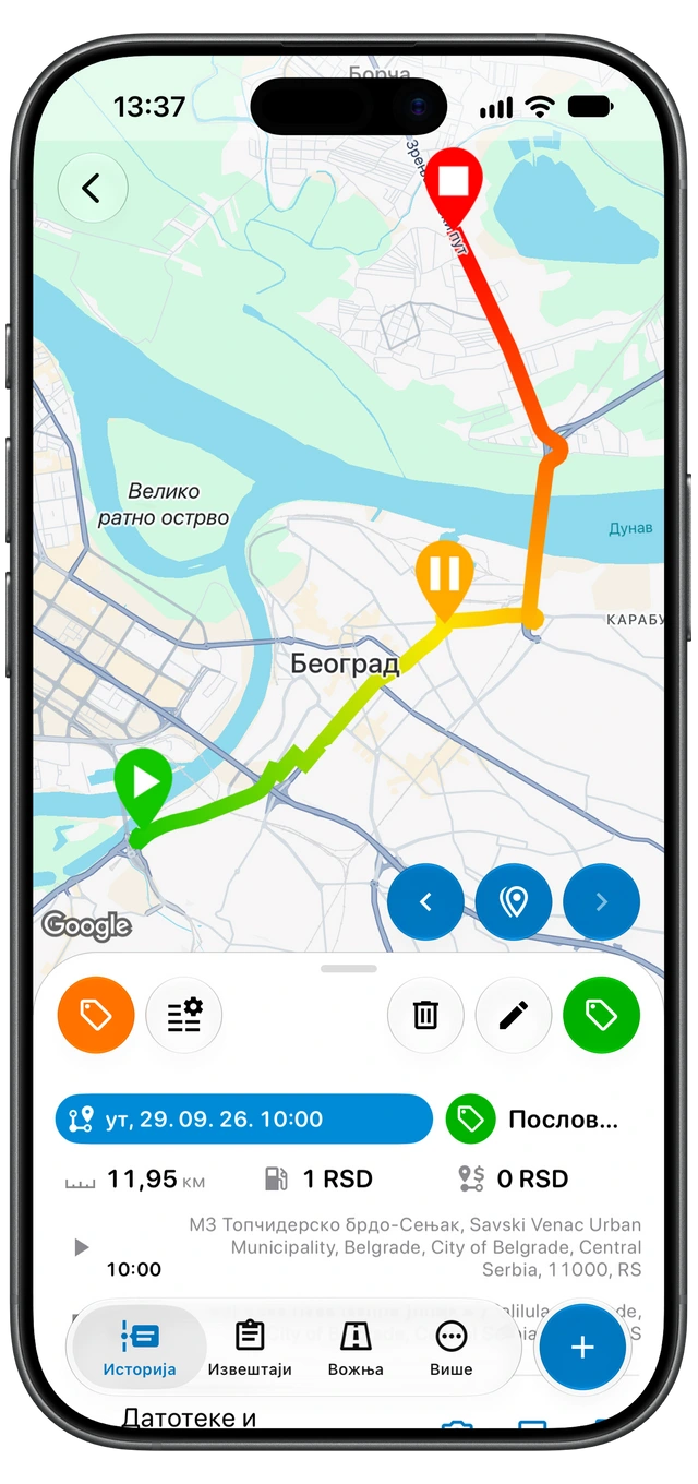 Zabeležena vožnja u Motologu sa mapom rute, oznakom Poslovno, udaljenošću, trajanjem i početnom i završnom lokacijom. (iOS)