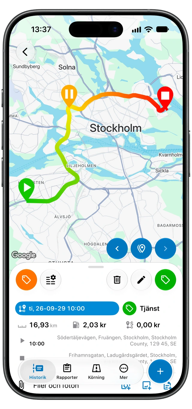 En registrerad Motolog-resa med ruttkarta, taggen Tjänst, sträcka, varaktighet samt start- och slutplatser. (iOS)