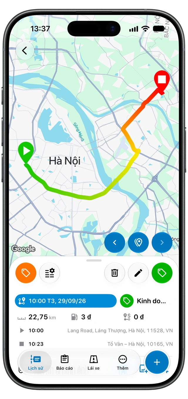 Một chuyến đi đã ghi trong Motolog, hiển thị bản đồ lộ trình, thẻ Kinh doanh, quãng đường, thời lượng và địa điểm bắt đầu, kết thúc. (iOS)