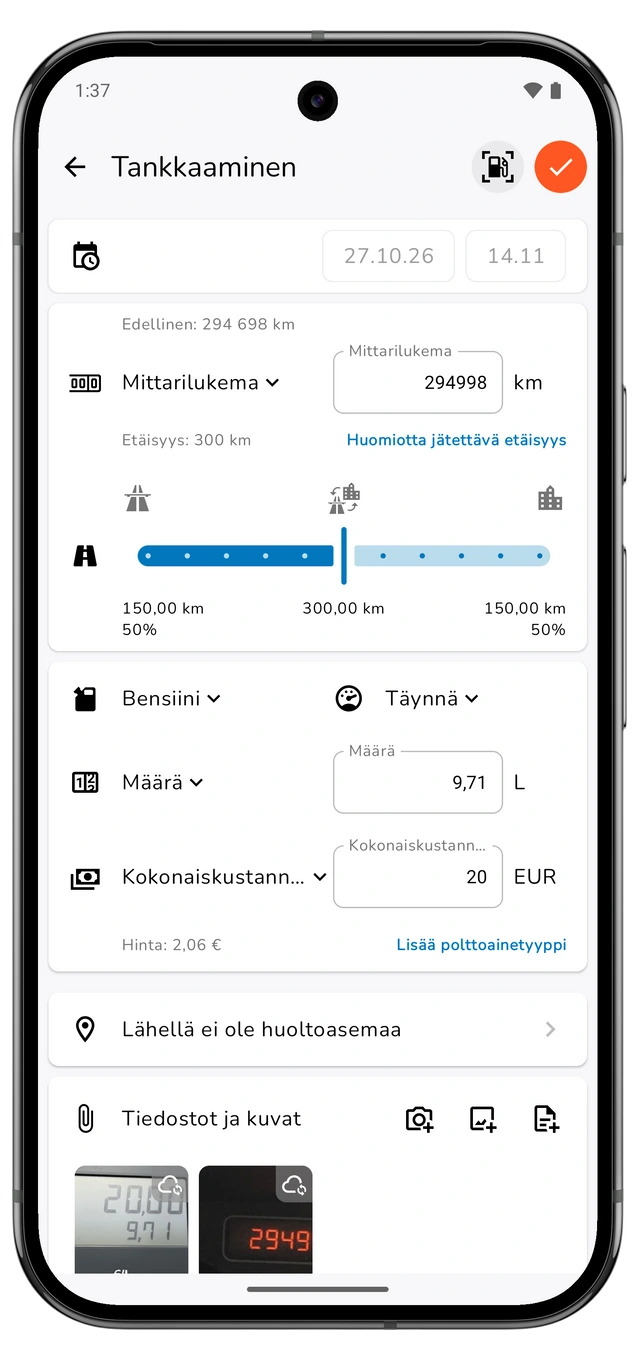 Tallentamaton tankkausluonnos, jossa näkyvät mittarilukema, laskettu etäisyys, määrä, kokonaiskustannus ja täyttötaso. (Android)