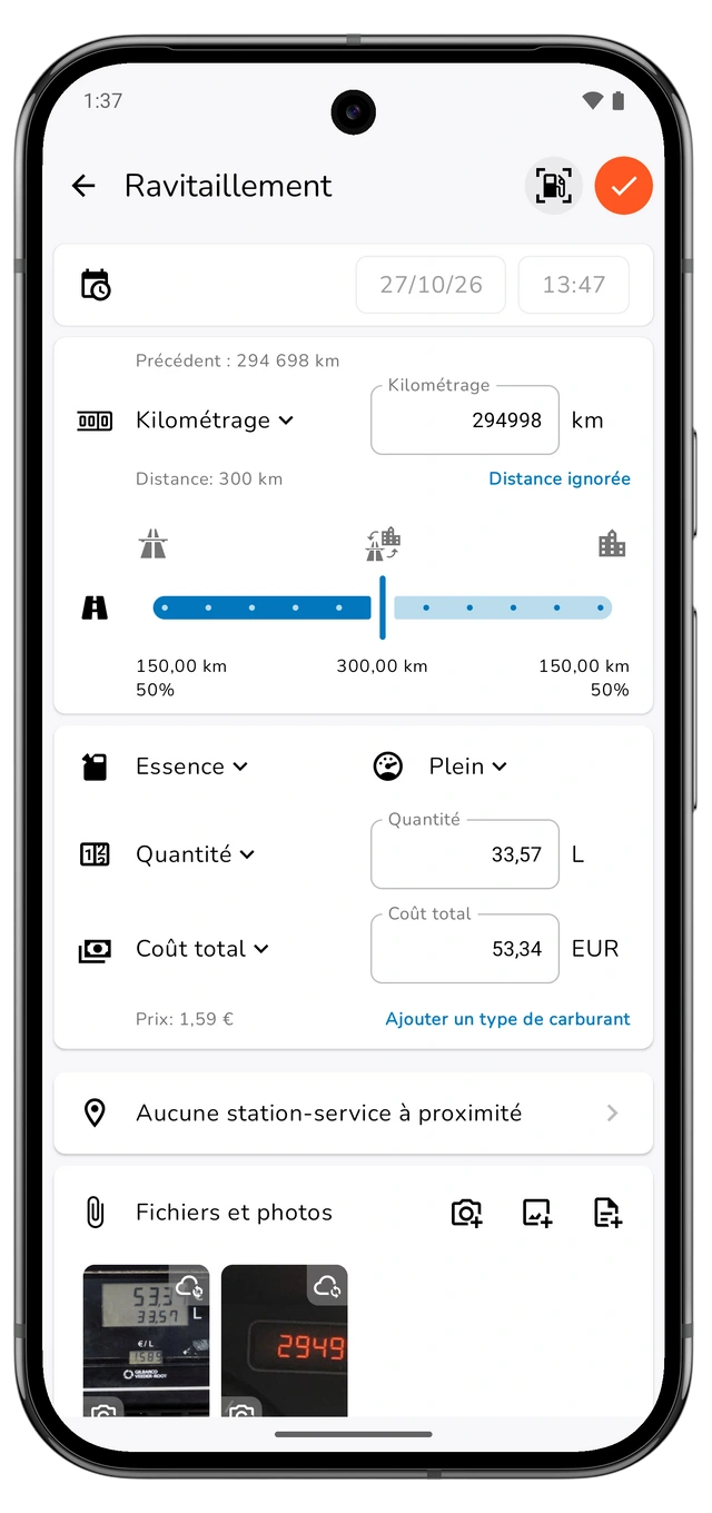 Brouillon de ravitaillement non enregistré avec kilométrage, distance calculée, quantité, coût total et niveau de remplissage. (Android)