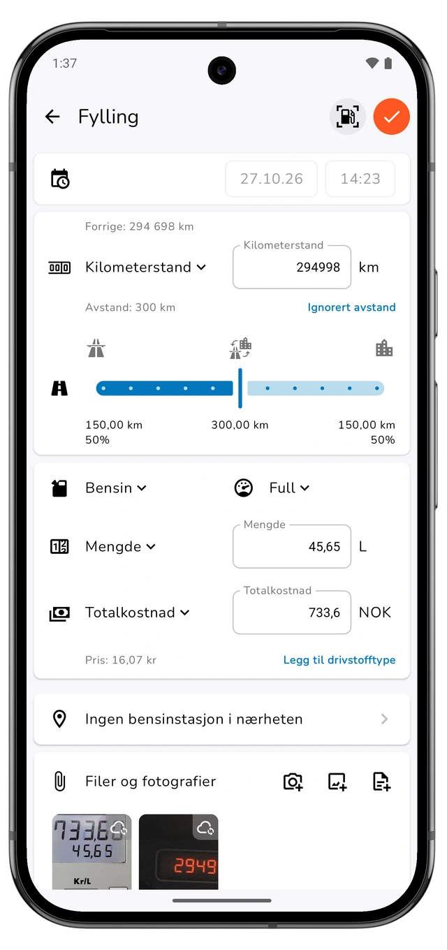 Et ulagret fyllingsutkast med kilometerstand, beregnet avstand, mengde, totalkostnad og fyllingsnivå. (Android)