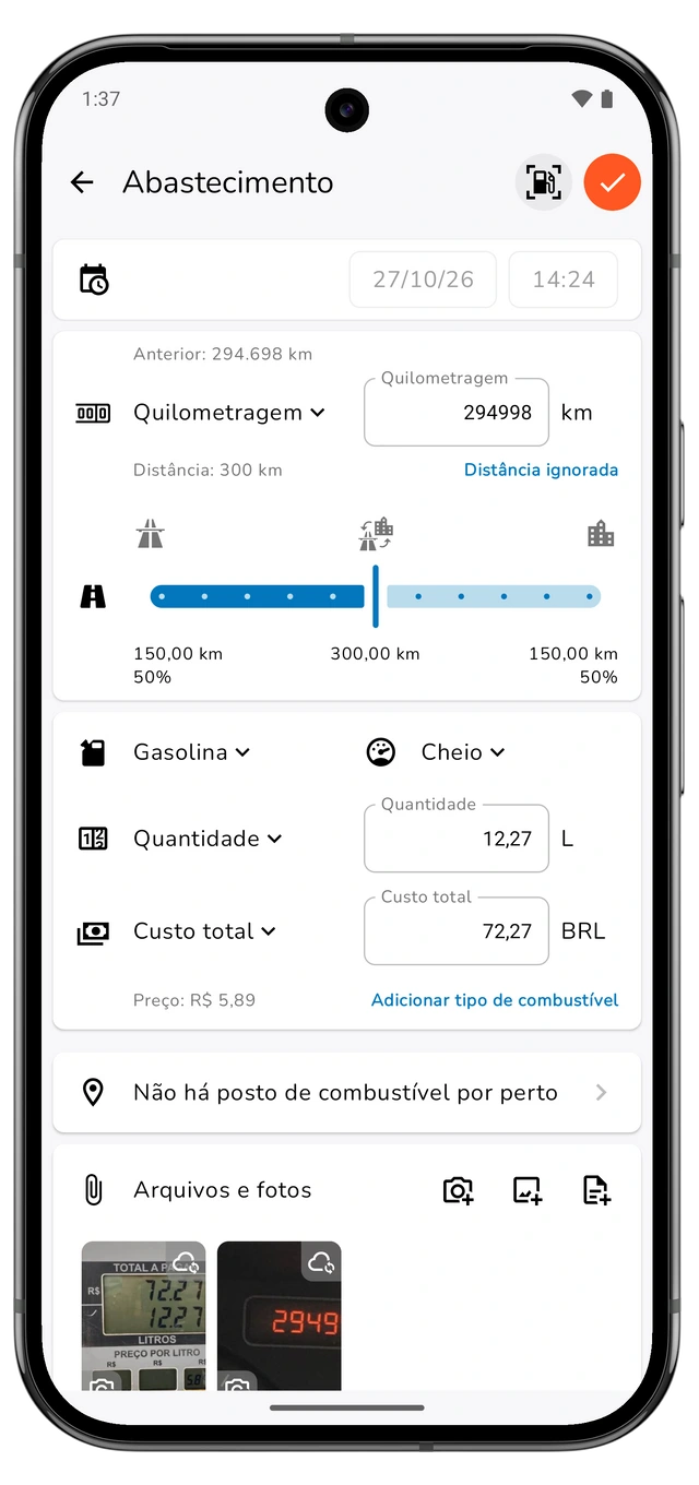 Rascunho de abastecimento ainda não salvo com quilometragem, distância calculada, quantidade, custo total e nível de enchimento. (Android)