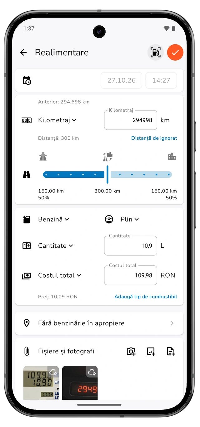 Schița nesalvată a realimentării cu kilometraj, distanță calculată, cantitate, cost total și nivel de umplere. (Android)