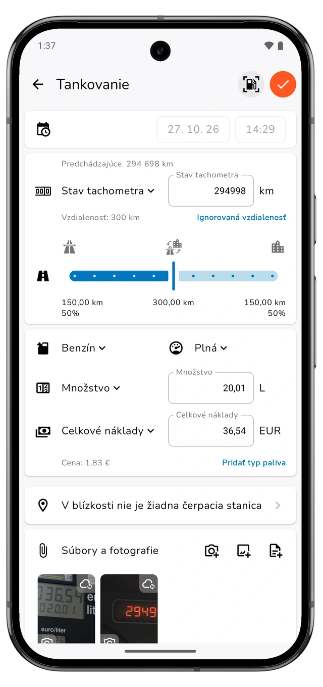 Neuložené tankovanie so stavom tachometra, vypočítanou vzdialenosťou, množstvom, celkovými nákladmi a úrovňou naplnenia. (Android)