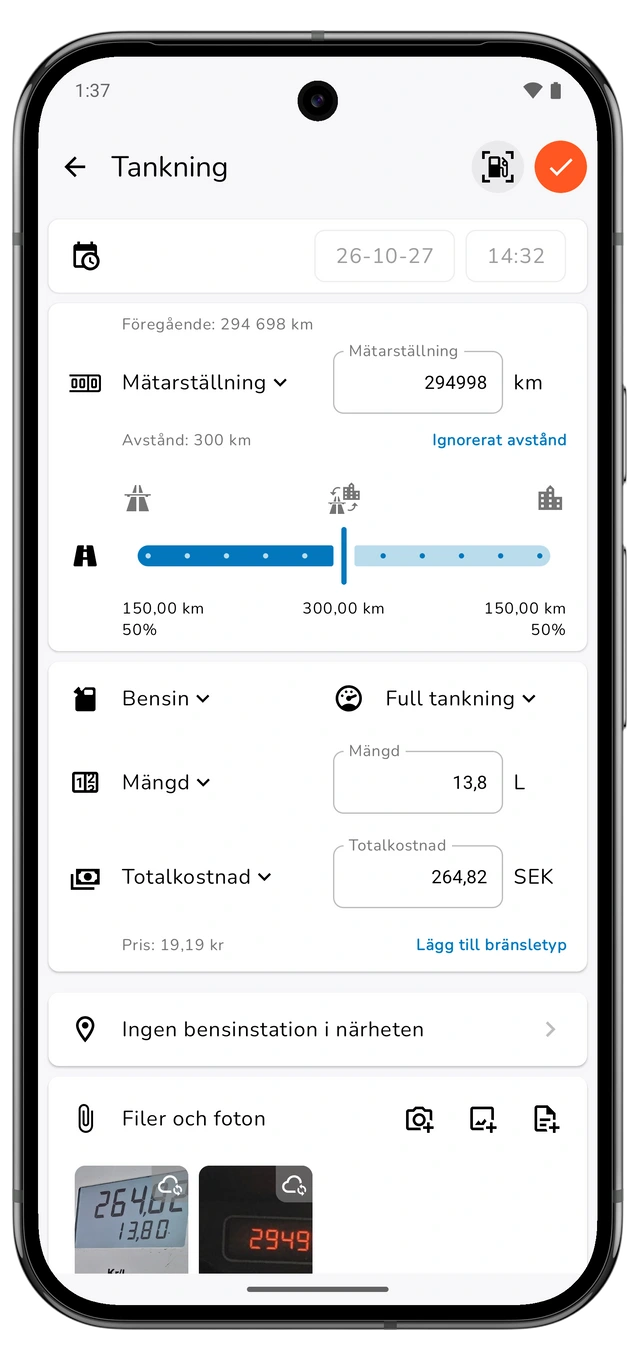 Ett osparat tankningsutkast med mätarställning, beräknad sträcka, mängd, totalkostnad och fyllnadsnivå. (Android)