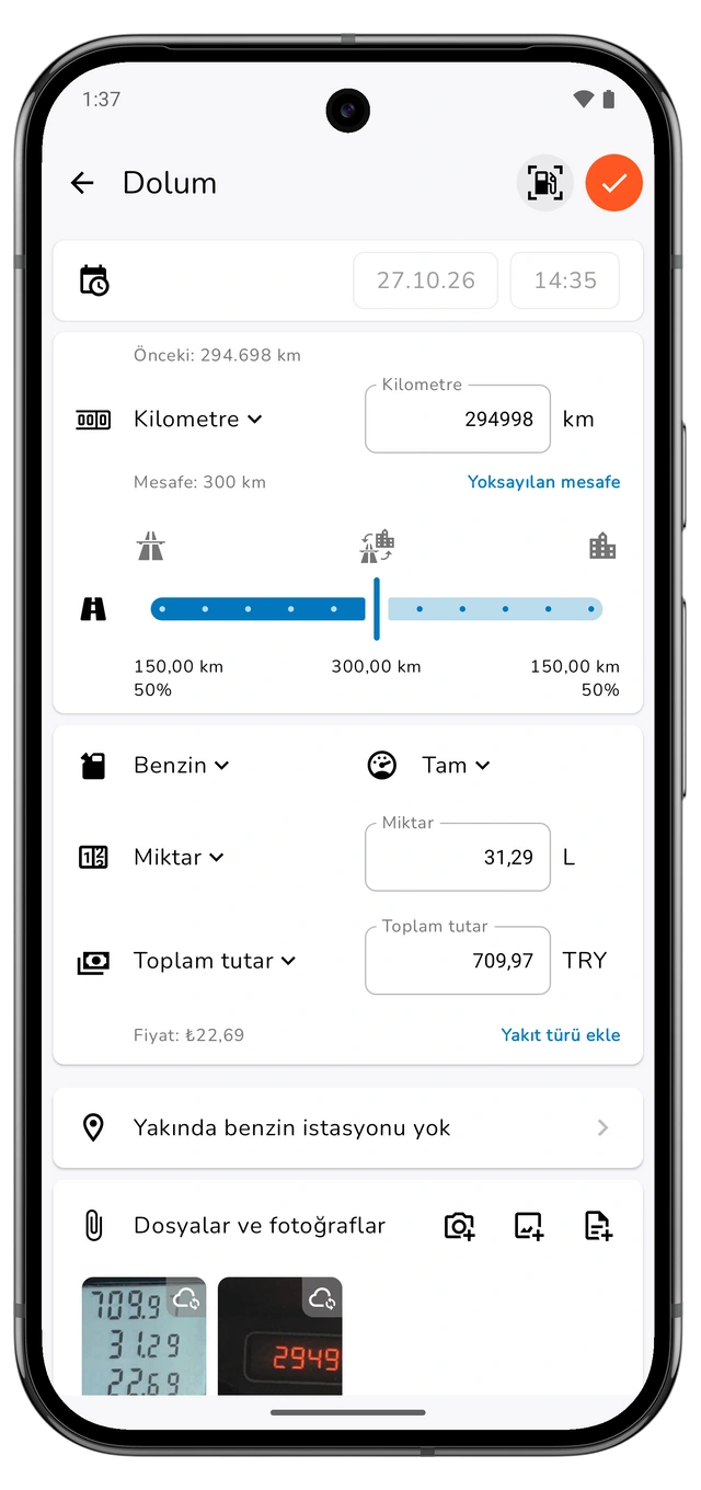 Kilometre, hesaplanan mesafe, miktar, toplam tutar ve doluluk düzeyi içeren kaydedilmemiş dolum taslağı. (Android)