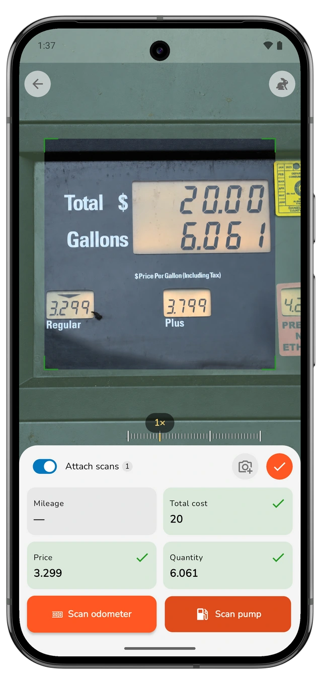 Refueling scanner with Scan pump held and captured quantity, price and total cost. (Android)
