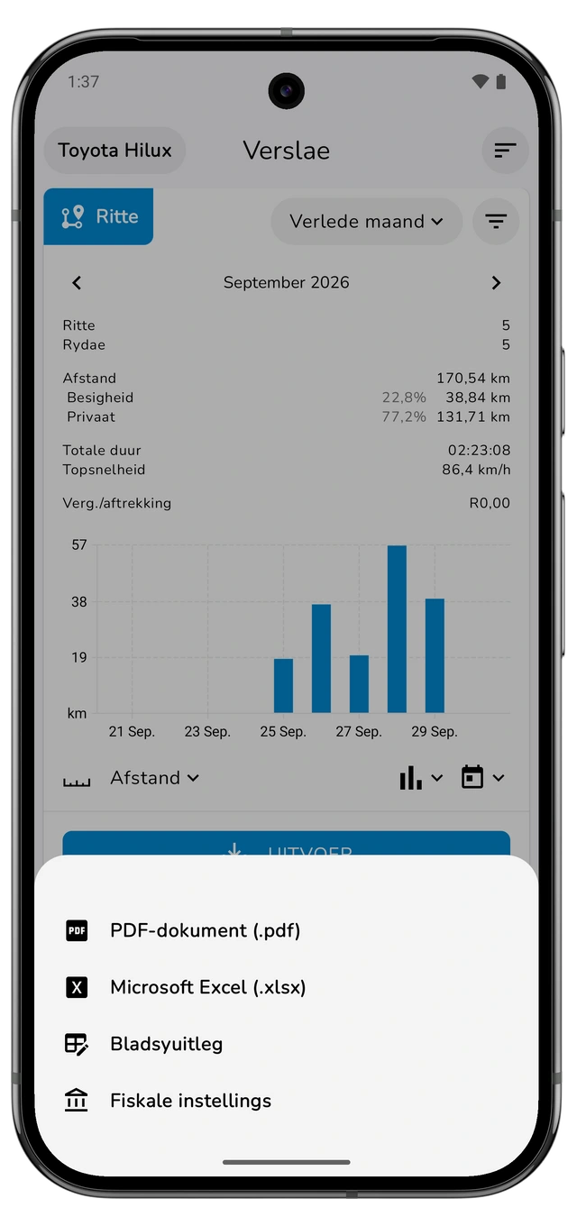 Die Ritte-uitvoerkieslys met PDF-dokument, Microsoft Excel, Bladsyuitleg en Fiskale instellings. (Android)