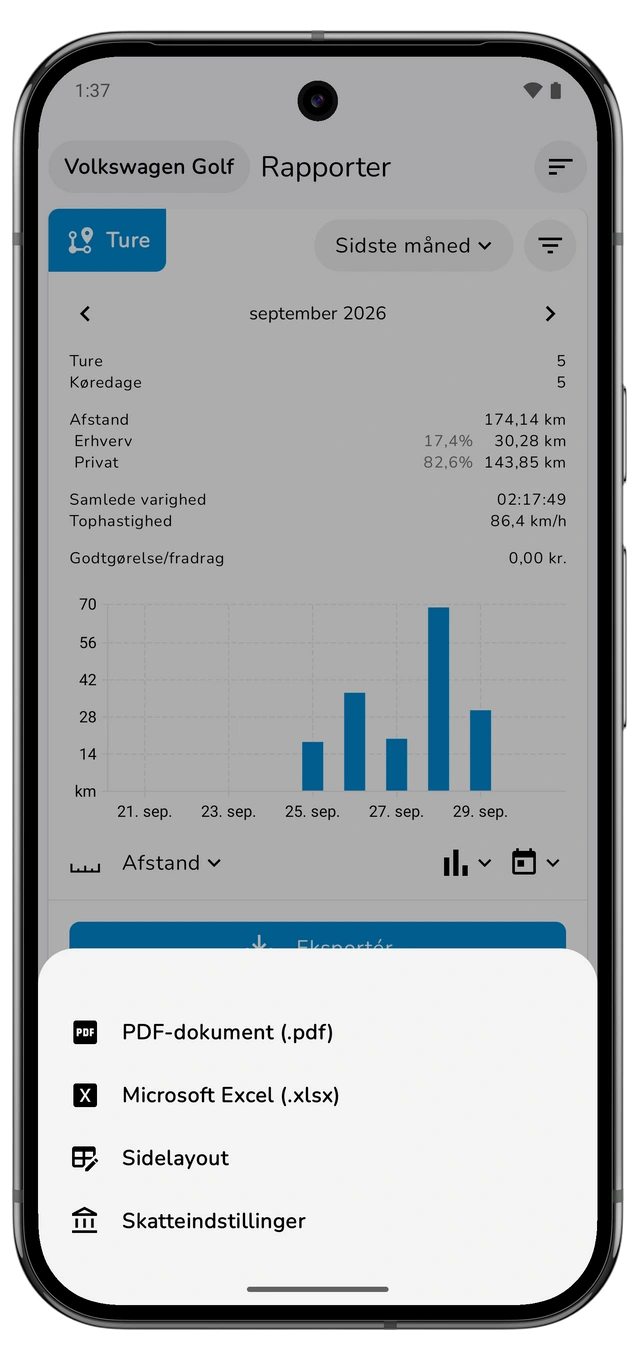 Eksportmenuen for ture med PDF, Microsoft Excel, sidelayout og skatteindstillinger. (Android)