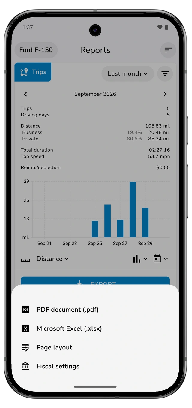 Trips Export menu with PDF document, Microsoft Excel, Page layout and Fiscal settings. (Android)
