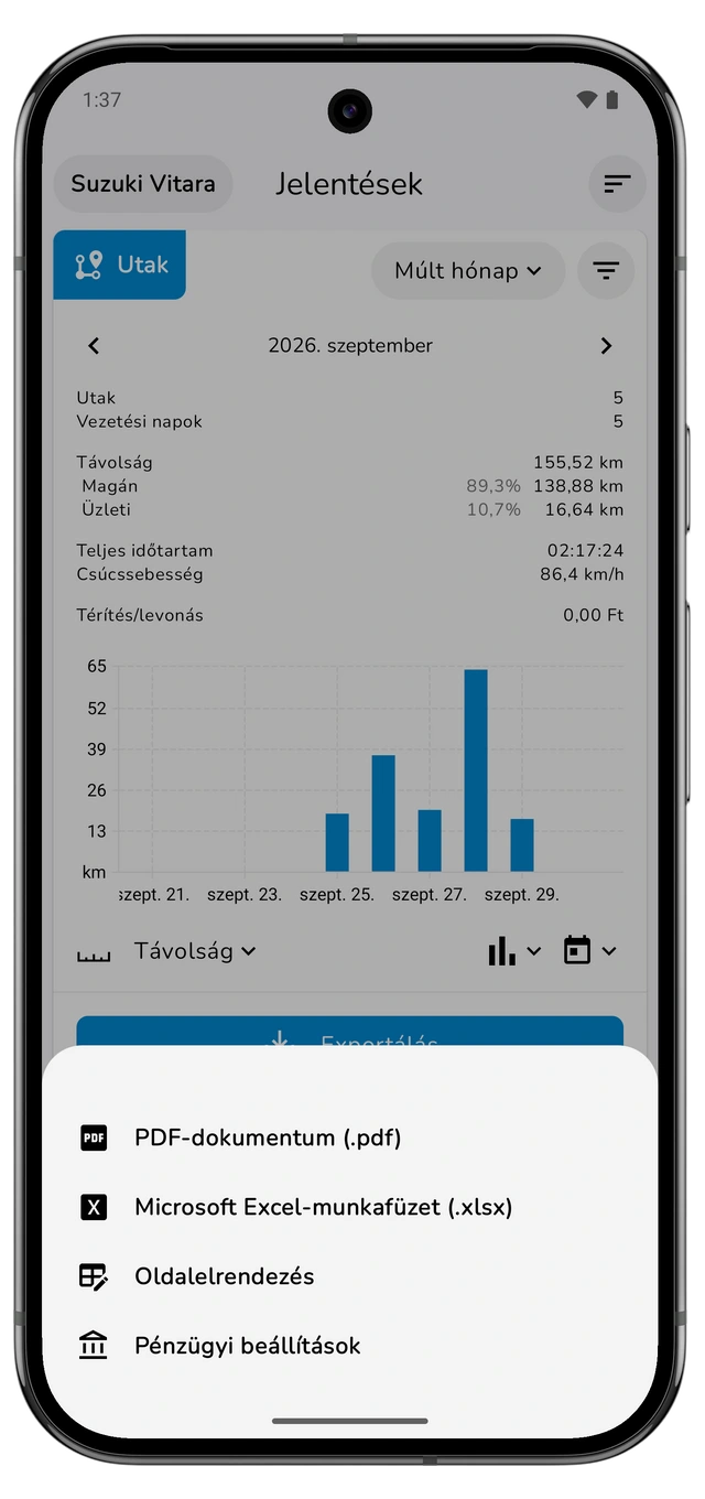 Az Utak exportmenüje PDF-dokumentum, Microsoft Excel-munkafüzet, Oldalelrendezés és Pénzügyi beállítások lehetőséggel. (Android)