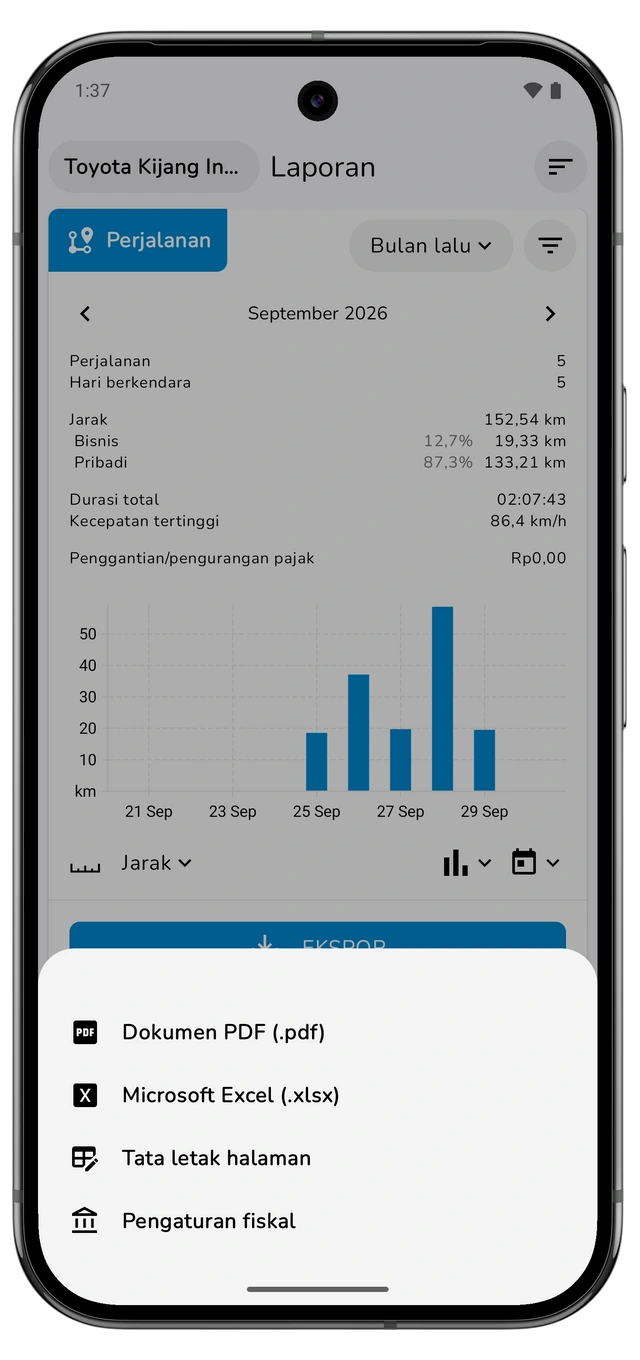 Menu Ekspor Perjalanan dengan dokumen PDF, Microsoft Excel, Tata letak halaman, dan Pengaturan fiskal. (Android)