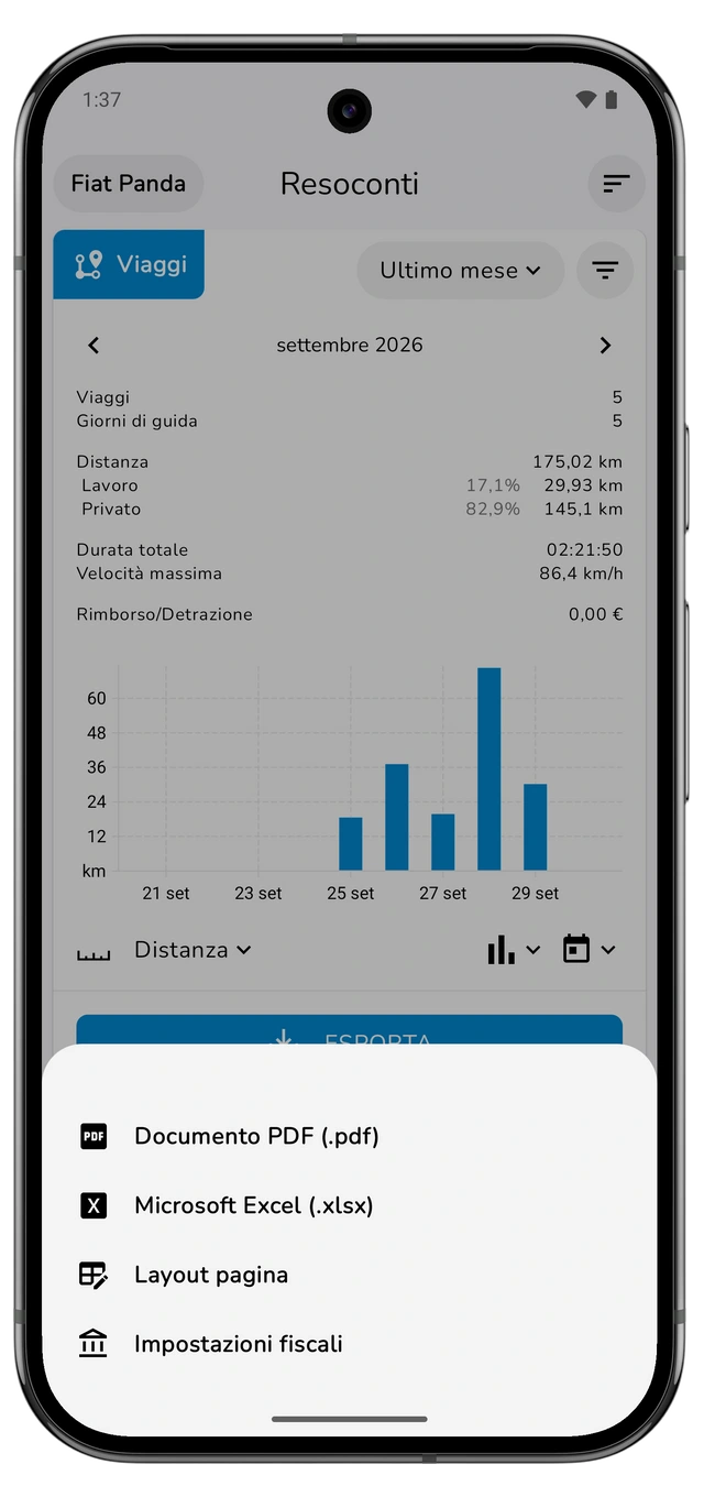 Menu di esportazione dei viaggi con documento PDF, Microsoft Excel, layout pagina e impostazioni fiscali. (Android)