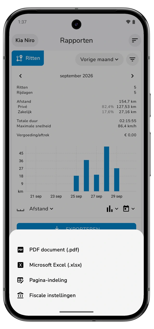 Exportmenu voor ritten met PDF, Microsoft Excel, pagina-indeling en fiscale instellingen. (Android)