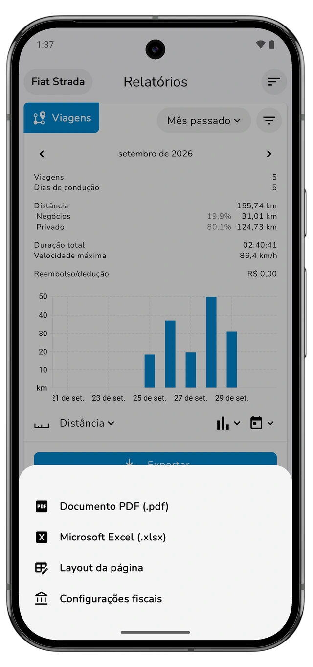 Menu de exportação de Viagens com documento PDF, Microsoft Excel, layout da página e definições fiscais. (Android)