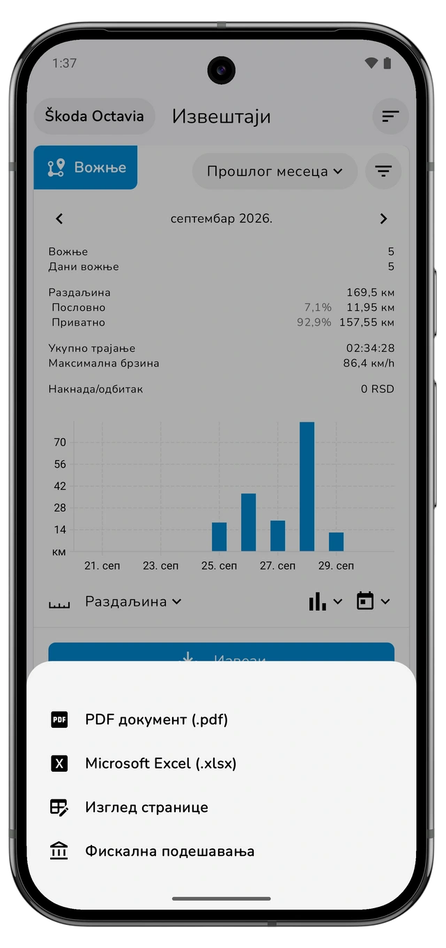 Meni izvoza vožnji s PDF dokumentom, Microsoft Excelom, izgledom stranice i fiskalnim podešavanjima. (Android)