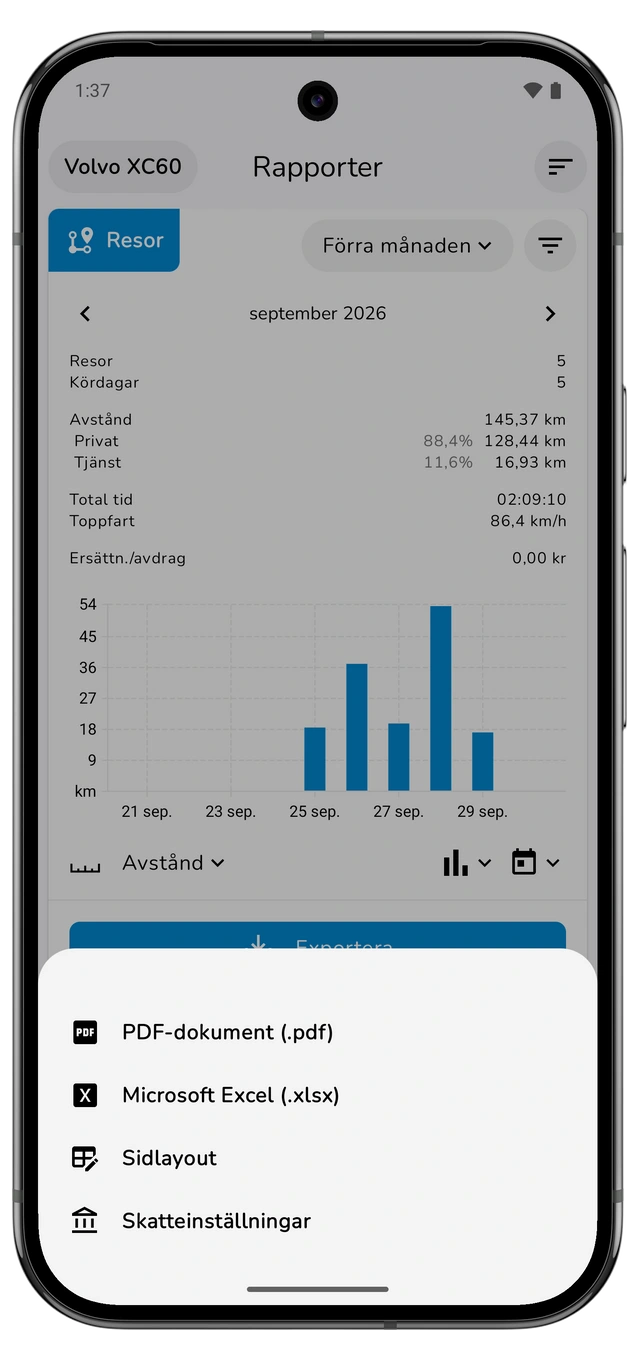 Exportmenyn för resor med PDF, Microsoft Excel, sidlayout och skatteinställningar. (Android)