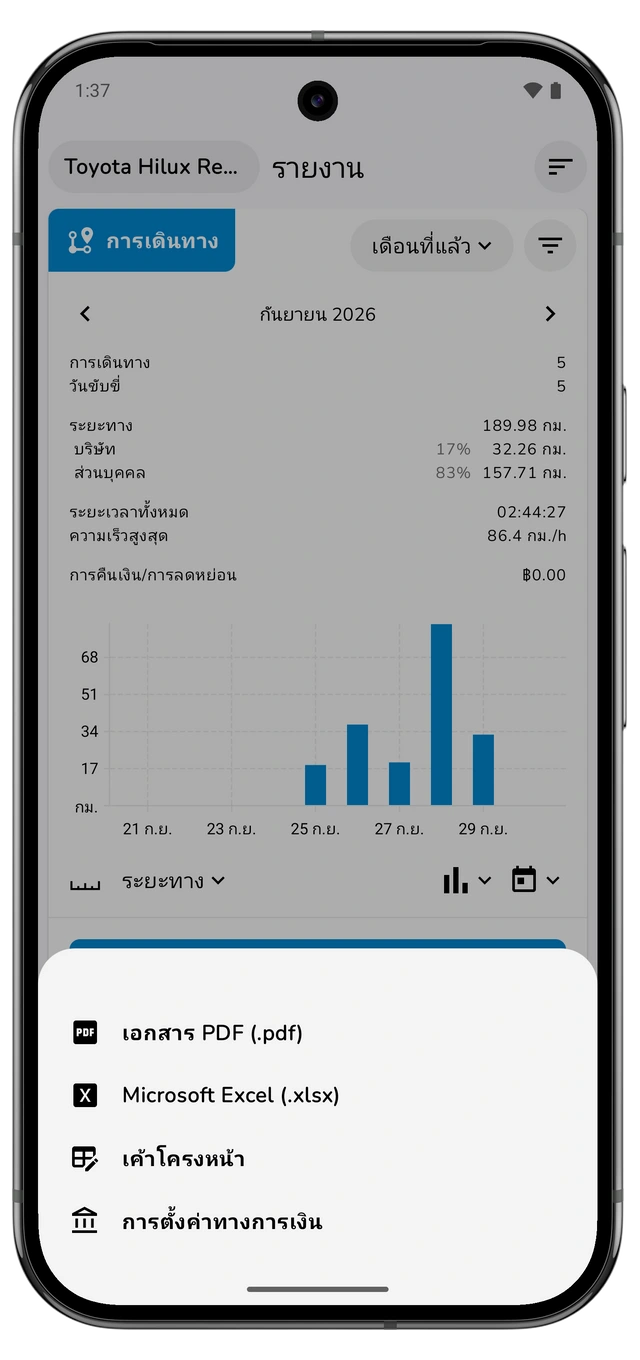 เมนูส่งออกการเดินทางมีเอกสาร PDF, Microsoft Excel, เค้าโครงหน้า และการตั้งค่าทางการเงิน (Android)