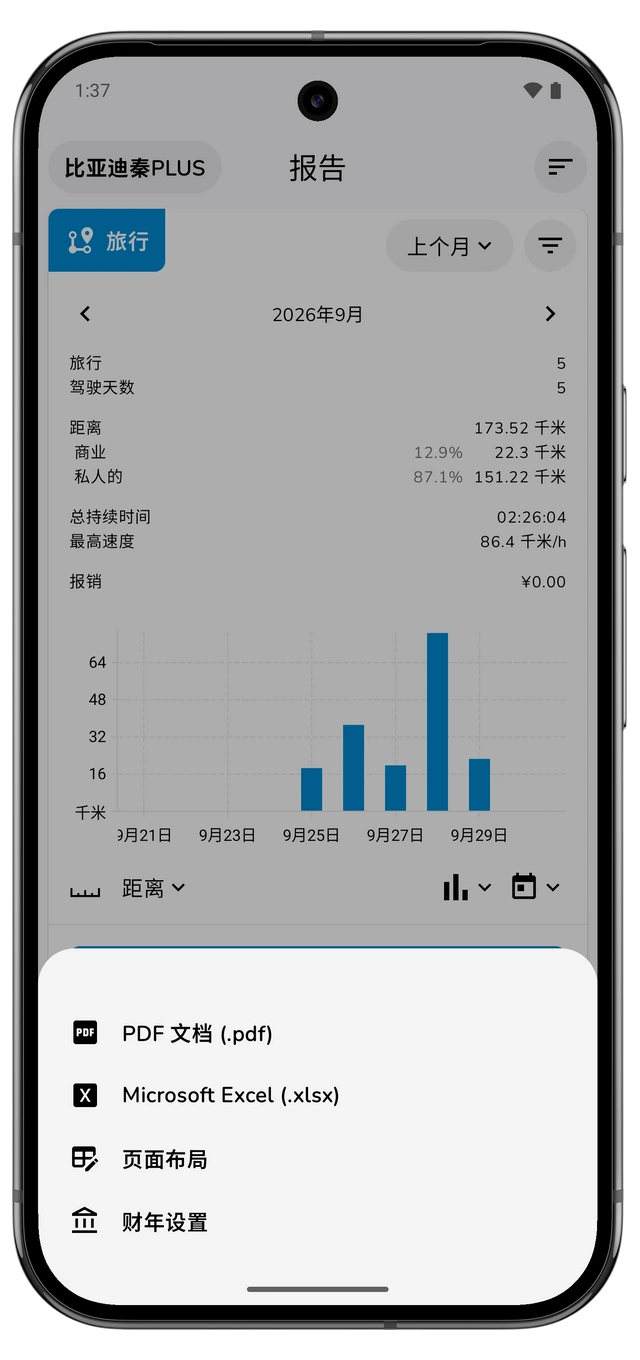 行程导出菜单,包含 PDF 文档、Microsoft Excel、页面布局和财年设置。 (Android)