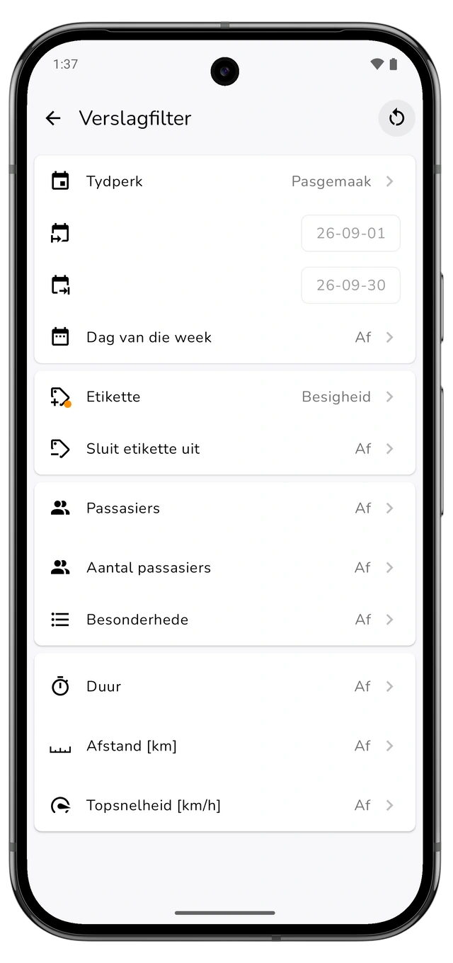 Verslagfilter met die vorige kalendermaand en ’n besigheidsetiket. (Android)