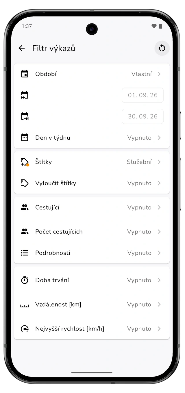 Filtr výkazu s předchozím kalendářním měsícem a štítkem pro služební jízdy. (Android)