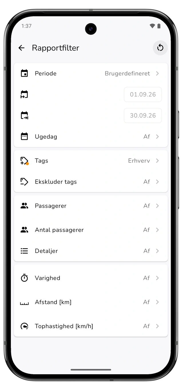 Rapportfilter med den foregående kalendermåned og et erhvervstag valgt. (Android)