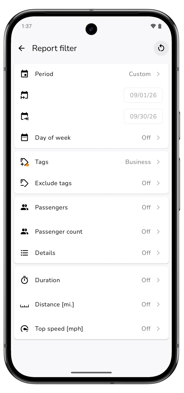 Report filter showing the previous calendar month and Business tag. (Android)