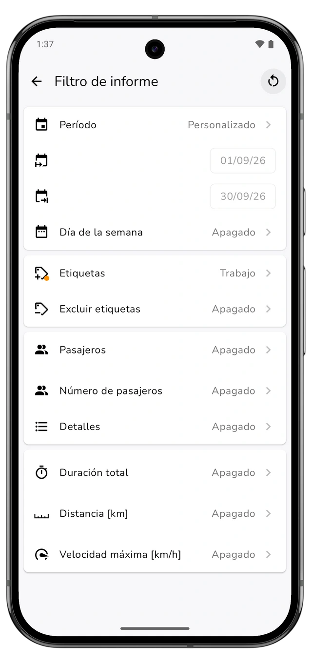 Filtro de reporte con el mes natural anterior y la etiqueta de trabajo. (Android)