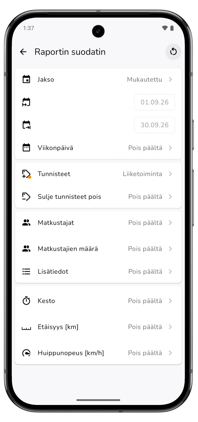 Raportin suodatin, jossa on valittu edellinen kalenterikuukausi ja työajon tunniste. (Android)